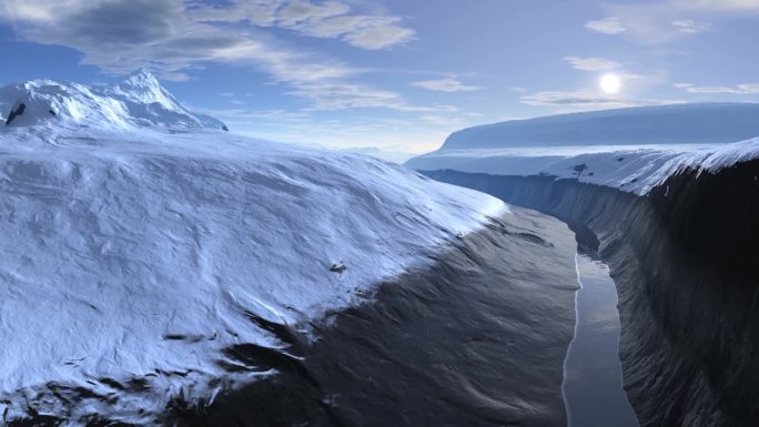 摄像机飞过一条山河，在覆盖着雪的岩石之间流动，靠近源头——一个巨大的山湖。一个晴朗、阳光明媚的日子，