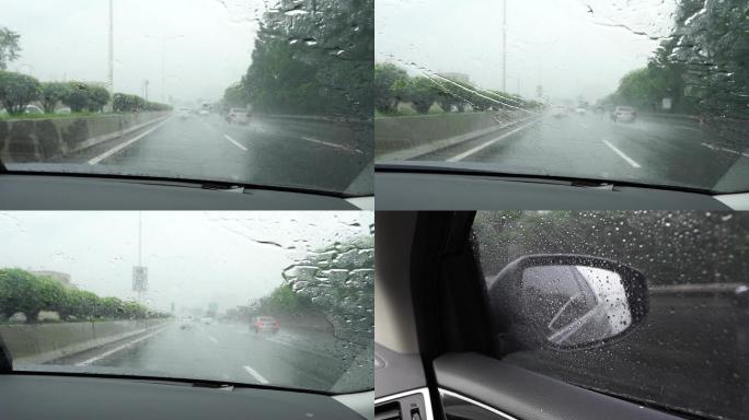 下雨天城市开车 汽车行驶在雨天