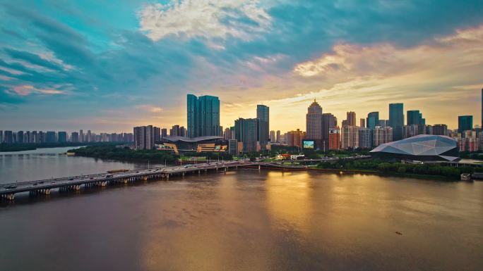 中国东北辽宁沈阳浑河城市风景航拍日落