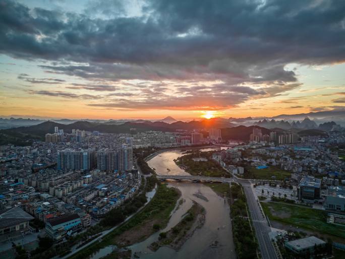 航拍桂林 荔浦 荔江市区清晨日出延时摄影