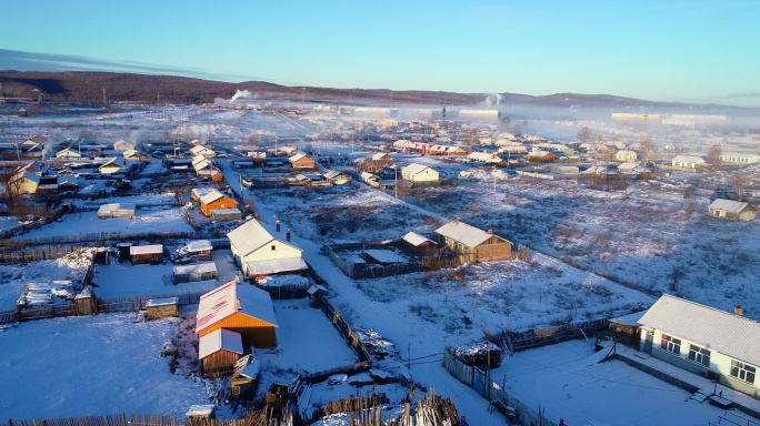 航拍大兴安岭极寒中的冬雪乡村