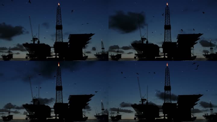 夜晚海洋中的石油钻塔，永恒的云