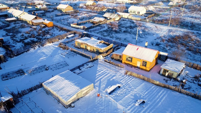 航拍大兴安岭极寒中的冬雪乡村