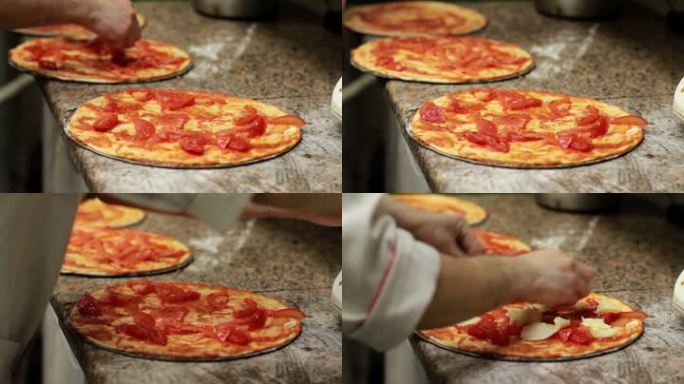 厨师手工制作意大利披萨。