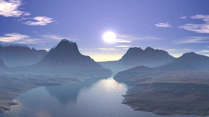 群山之间的薄雾慢慢地勾勒出明亮的太阳。摄像机飞越流入湖中（大海）的河流。天空中，白云徐徐飘浮，反射在