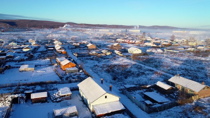 航拍大兴安岭极寒中的冬雪乡村