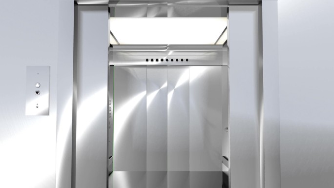 计算机生成的现代电梯上升到绿色屏幕的动画。高清1080P。