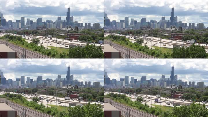 从高角度看芝加哥的天际线和繁忙的肯尼迪高速公路交通
