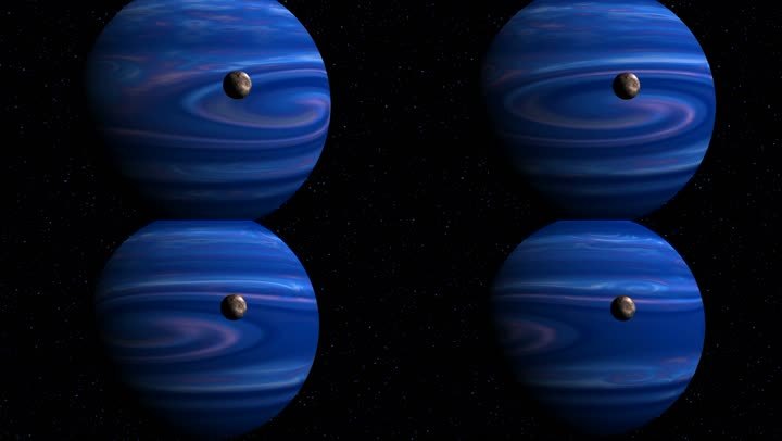 这颗主要的蓝色行星缓慢地绕着星空旋转。在它之前是褐色的月亮。