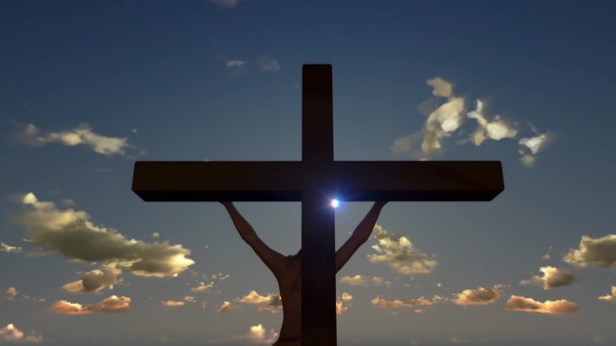 耶稣在十字架上，特写，永恒的日落，上帝之光
