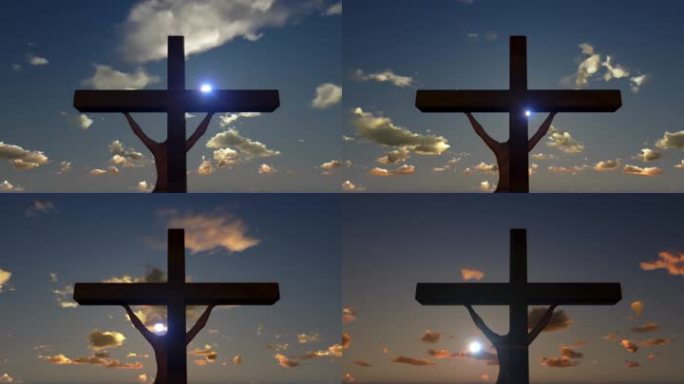 耶稣在十字架上，特写，永恒的日落，上帝之光