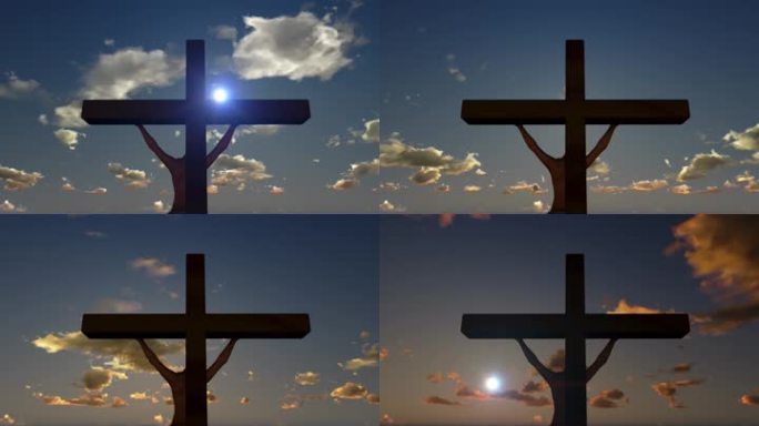耶稣在十字架上，特写，永恒的日落，从早到晚