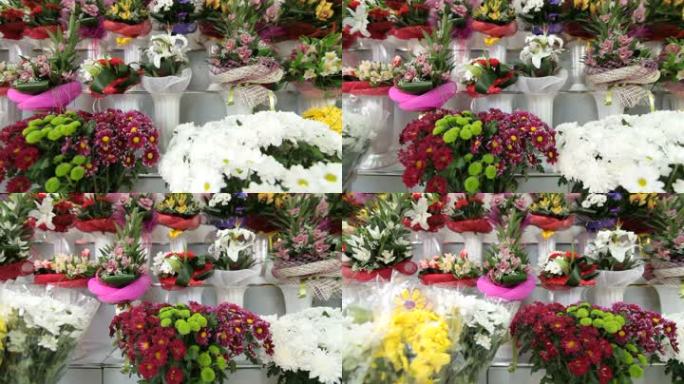 花店内多种鲜花布置，跟踪拍摄
