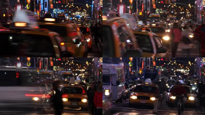纽约时代广场拍摄的夜间城市交通和行人的时间推移