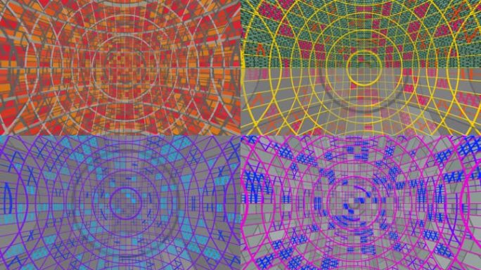 明亮的彩色光环在由不同几何图形组成的变化背景上移动。颜色和形状会发生变化。