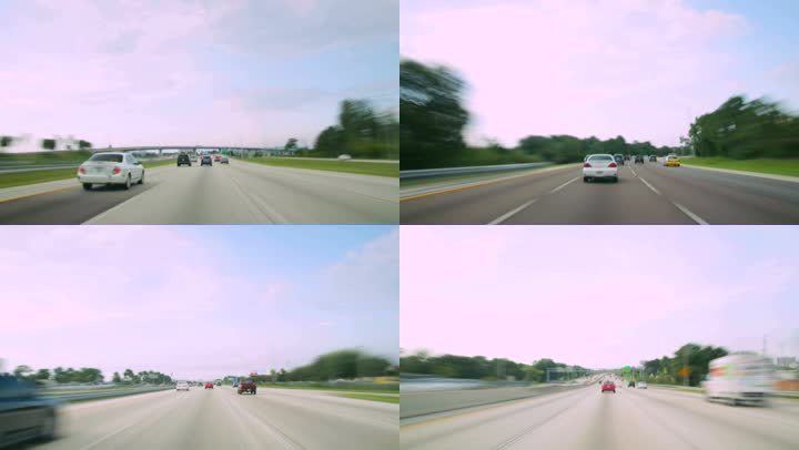 夏季在佛罗里达州高速公路上延时驾驶。随着时间推移，华丽、高能的美国道路。适合作为视频背景。非常适合美