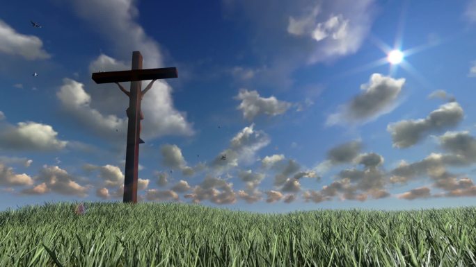 耶稣在十字架、草地和永恒的云上