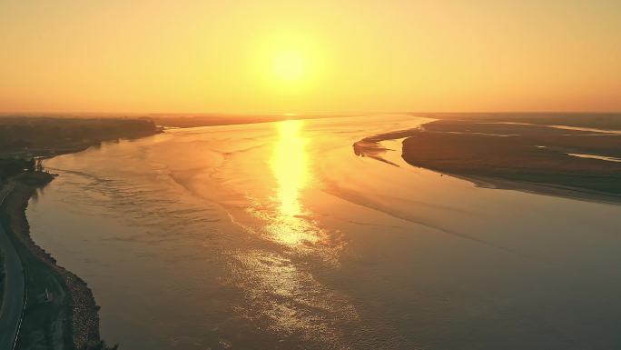 航拍母亲河黄河日出夕阳水面最后一道弯