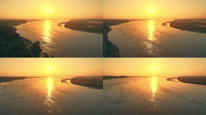 航拍母亲河黄河日出夕阳水面最后一道弯