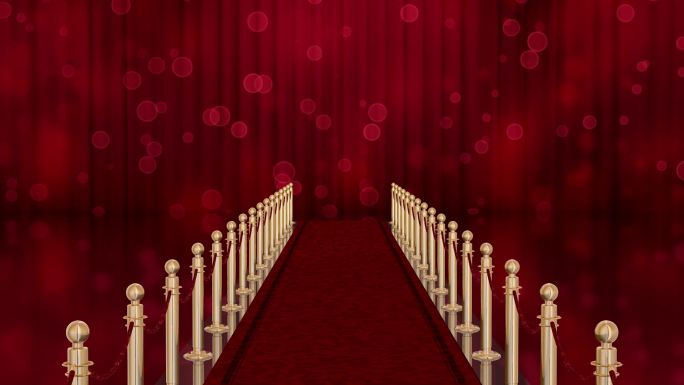 红地毯入口，柱子和绳索。窗帘上突然出现红灯