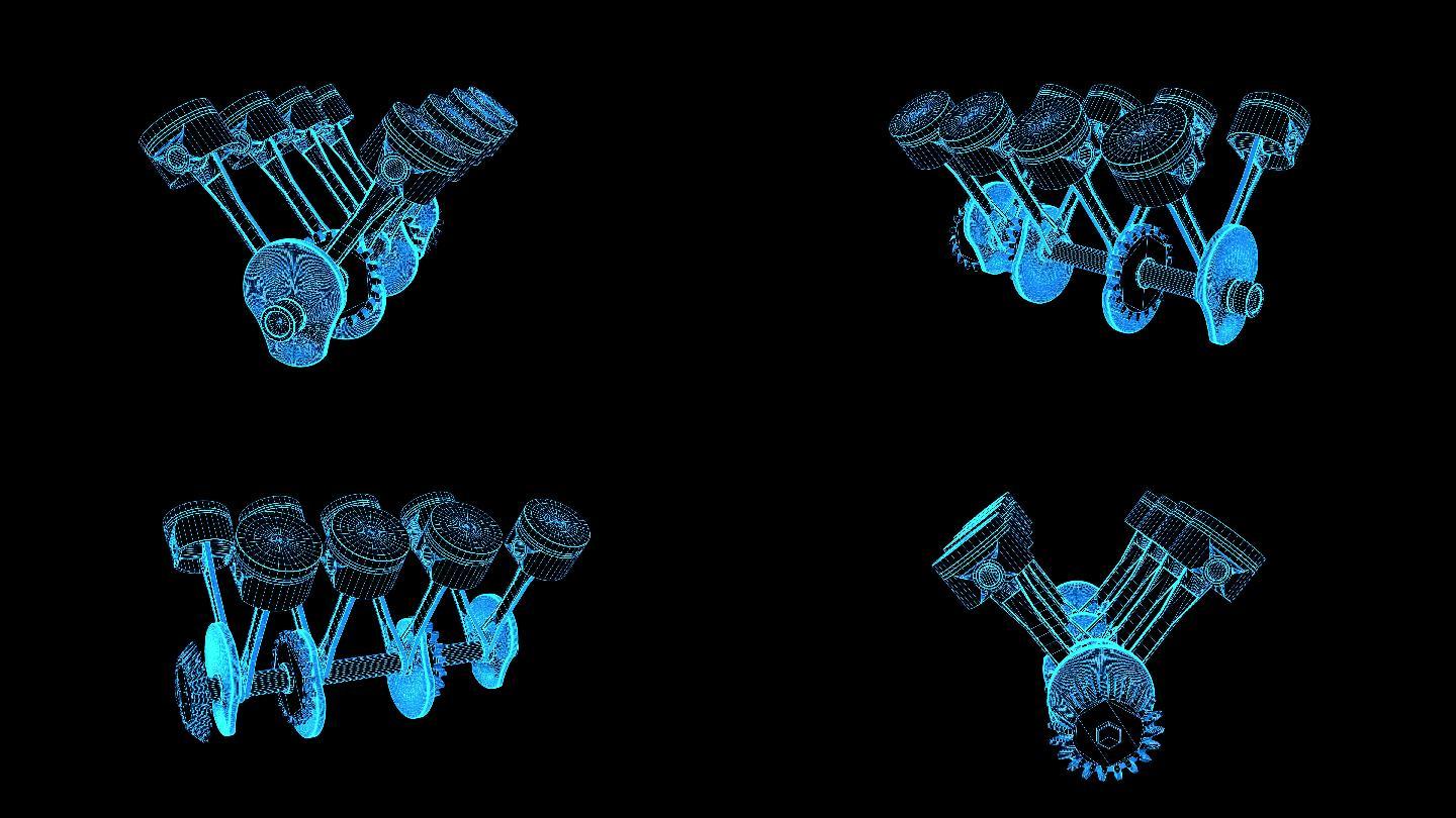 4K蓝色全息线框科技活塞旋转素材带通道