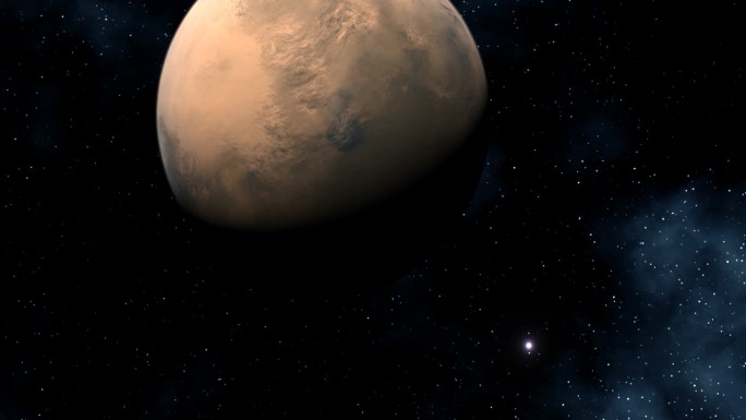 主要的红色行星（火星）缓慢地在太空深处飞行。在黑暗的背景下，明亮的恒星、火花和星雾闪烁。