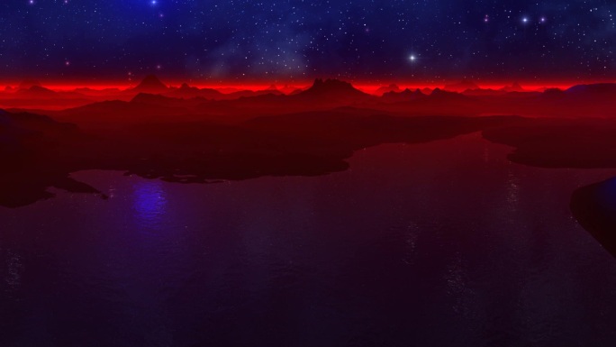 蓝色的月亮漂浮在星空上，反射在水中。夜不高的山上笼罩着一层红色的雾。