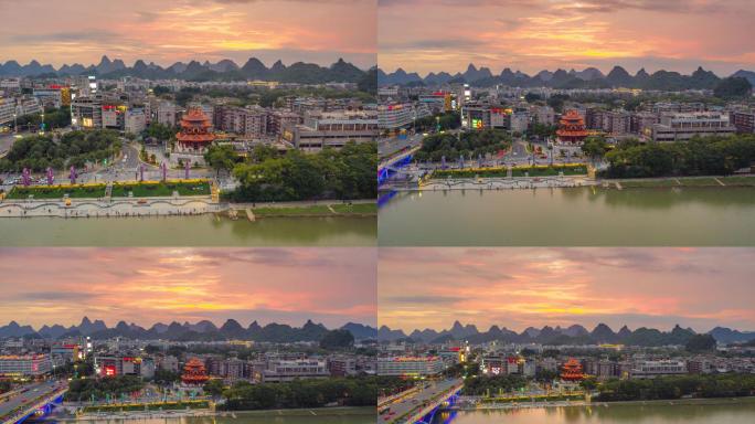 桂林漓江大气风光航拍延时城市日落夜景