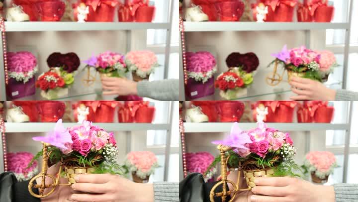 花店为顾客服务的花店，买玫瑰花篮的男人，特写，关注花束