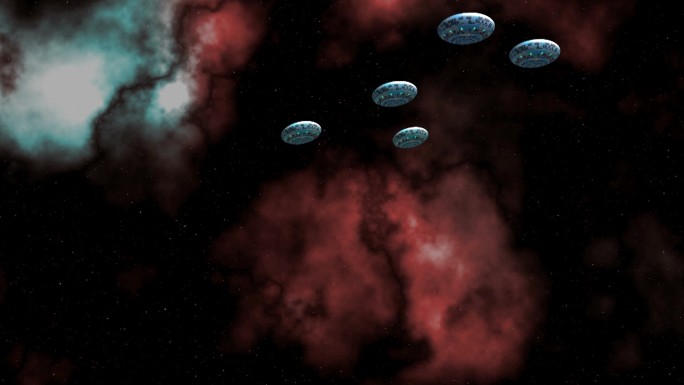 Ufo船队在观察一个系统时缓慢飞行。深空、恒星和星云。