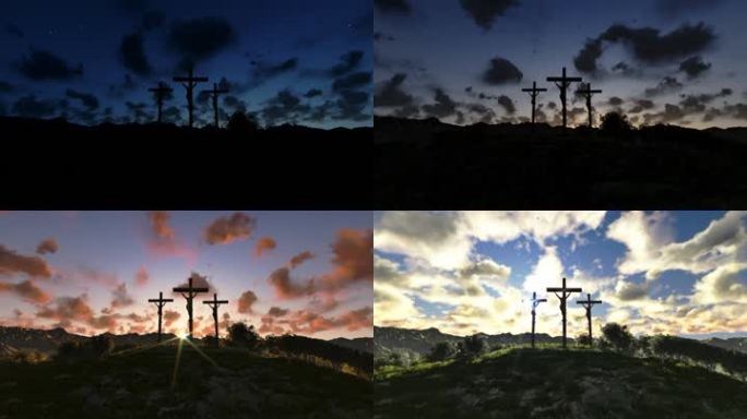 耶稣在十字架上，橄榄草地，日夜日出