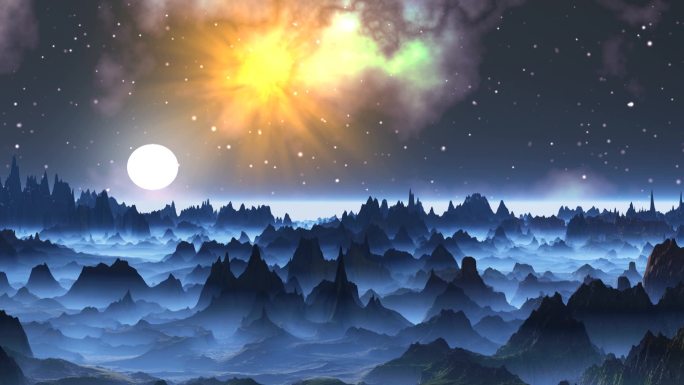雾蒙蒙的山景是一个神奇的星球。夜空中有明亮的恒星和明亮的大星云。因为天边慢慢升起了明亮的白色月亮，照