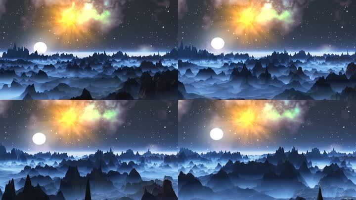 雾蒙蒙的山景是一个神奇的星球。夜空中有明亮的恒星和明亮的大星云。因为天边慢慢升起了明亮的白色月亮，照