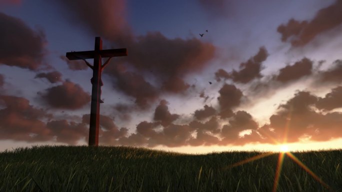 耶稣在十字架上，草地和永恒的日出