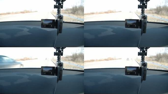 挡风玻璃上安装了录像机的汽车