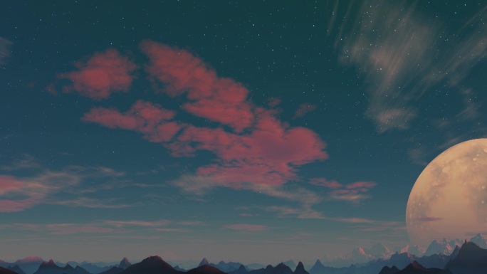 这颗巨大的行星在山景的衬托下飞过。傍晚，天空晴朗，群星璀璨。粉红色和白色的云朵飘浮。