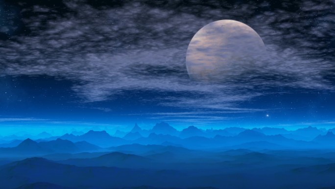 不高的山上笼罩着一层蓝色的雾。夜空中有明亮的星星，巨大的月亮（行星）。云朵飘浮。