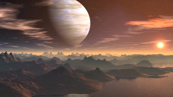 天空中主要的蓝色行星（气态巨行星）和罕见的云。地平线上升起了明亮的红色太阳。所有的风景画都是红色的。
