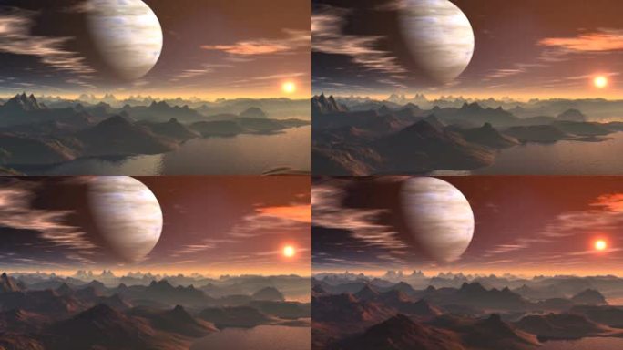 天空中主要的蓝色行星（气态巨行星）和罕见的云。地平线上升起了明亮的红色太阳。所有的风景画都是红色的。