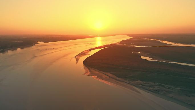 航拍黄河最后一道弯黄河日出夕阳河道升起