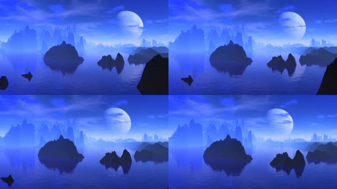 水中的深色岩石被蓝色的雾所笼罩。夜空易云，大月亮浮