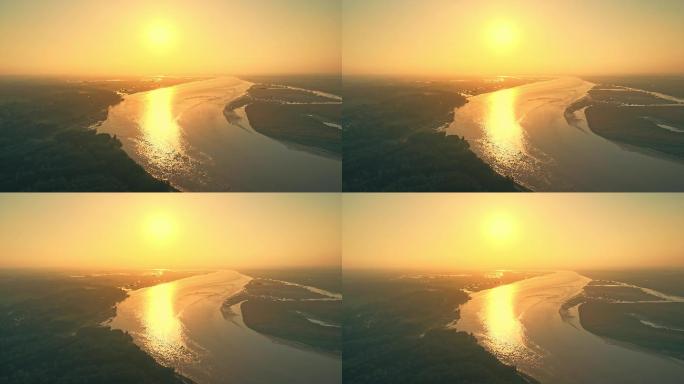 航拍黄河日出夕阳上升镜头