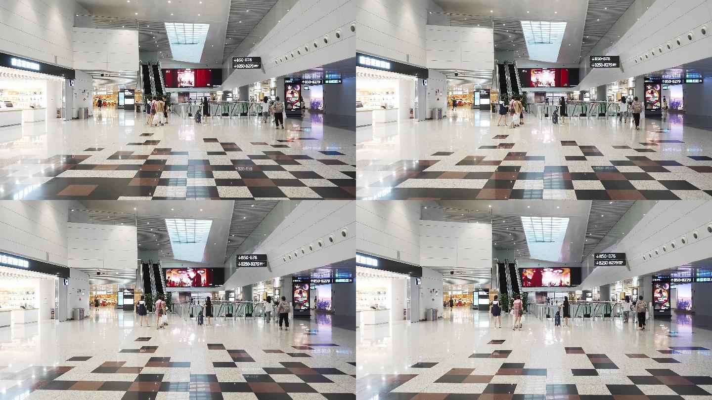 机场大厅内来来往往的旅客慢镜头