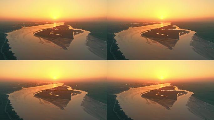 航拍黄河滩涂母亲河落日余晖夕阳