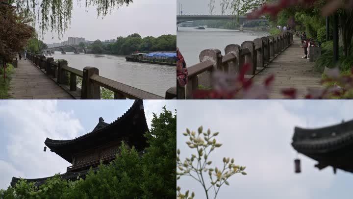 杭州拱宸桥大运河船只过往行人漫步