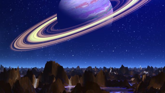 在星空中一颗奇异行星的山景上，一颗类似于土星的巨大行星悬挂着。