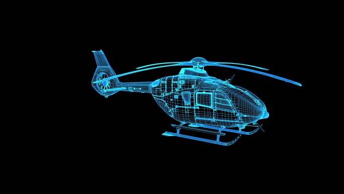 4K蓝色全息线框科技直升机动画素材带通道