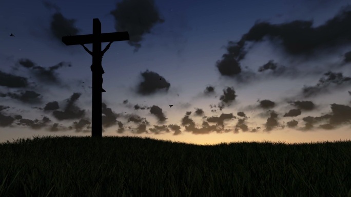 耶稣在十字架上，草地和永恒的日出，日复一日