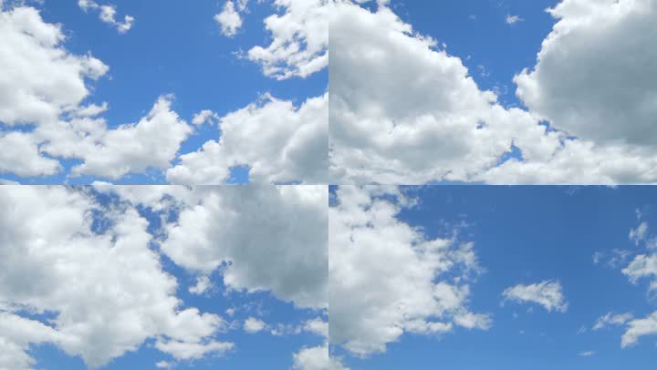 夏天白色的棉花云。延时视频背景。蔚蓝的天空，夏日的阳光和大量的云朵在史诗般的拍摄中穿行。