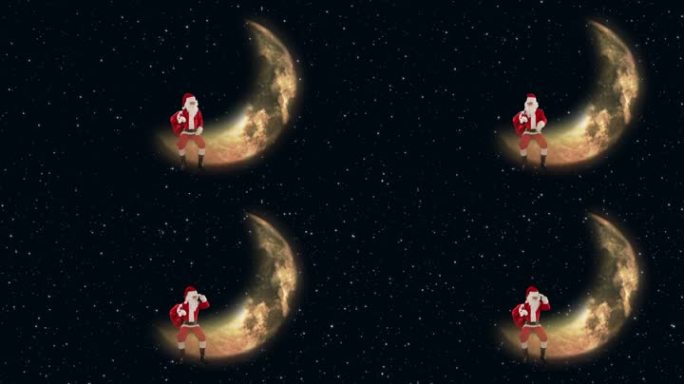 圣诞老人坐在月亮上，等待驯鹿和闪烁的星星